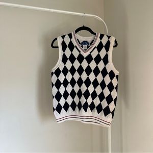 Vintage Sweater Vest Argyle Checkered Pattern with Black and Red Line Detail